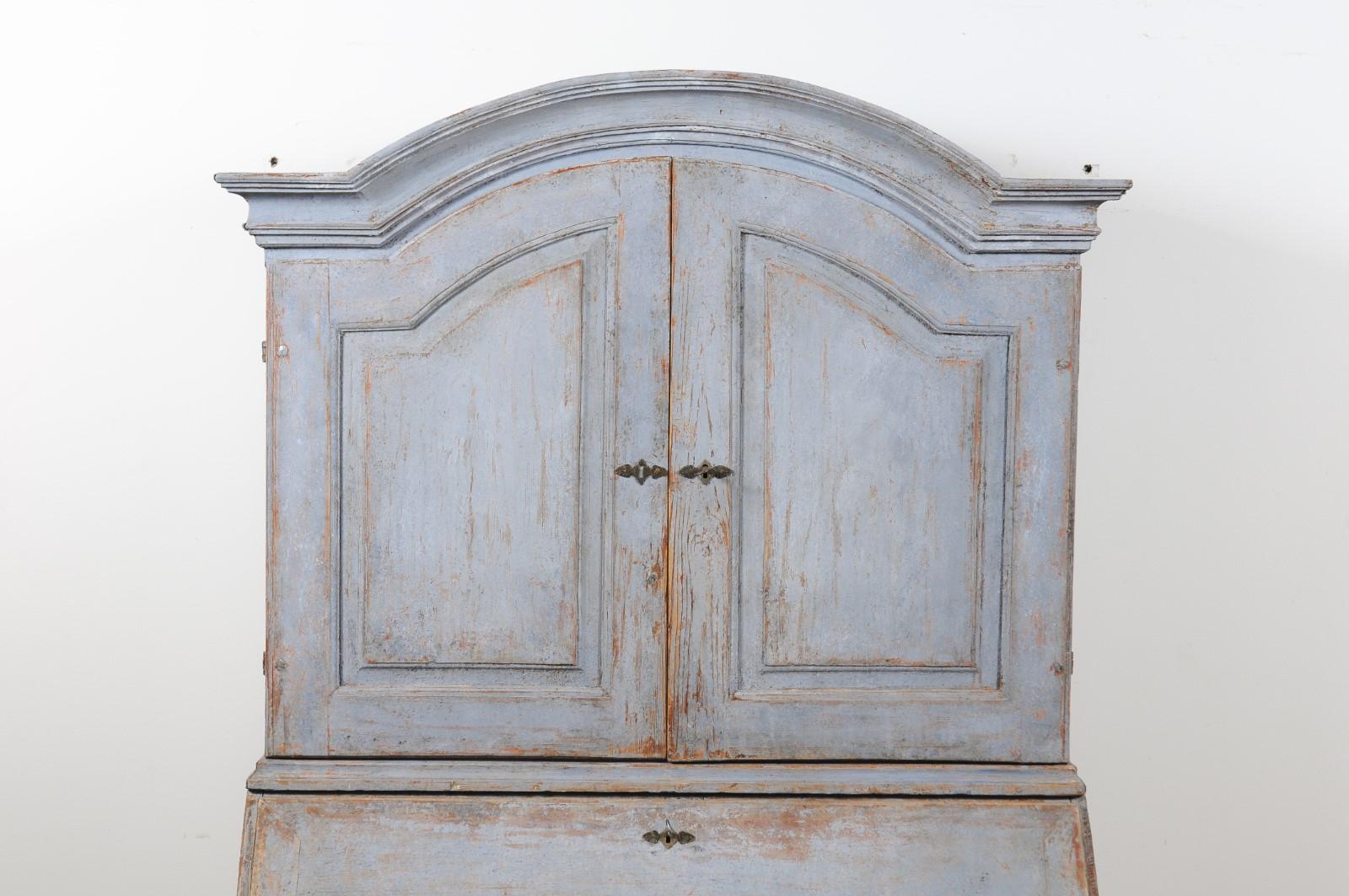 19th Century Swedish 1810s Late Gustavian Painted Two-Part Tall Secretaire with Bonnet Top