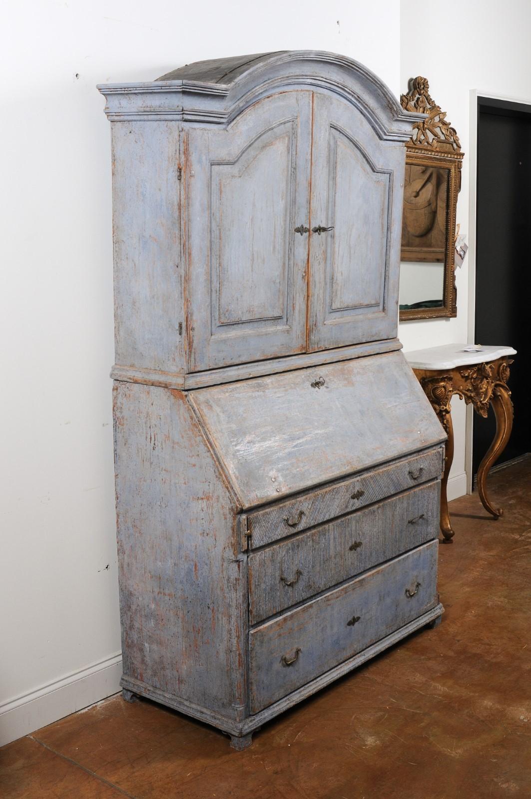 Swedish 1810s Late Gustavian Painted Two-Part Tall Secretaire with Bonnet Top 1