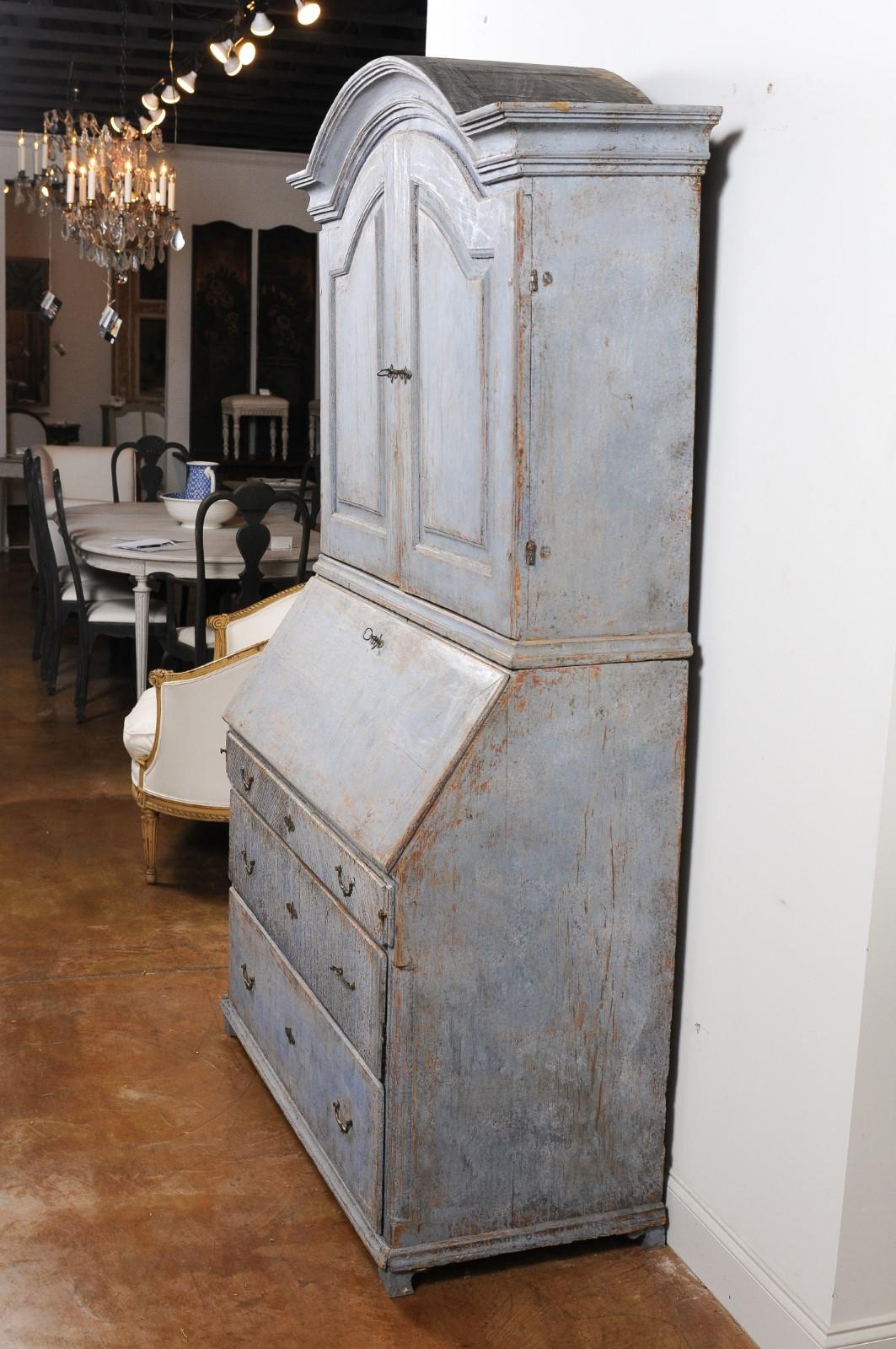 Swedish 1810s Late Gustavian Painted Two-Part Tall Secretaire with Bonnet Top 2