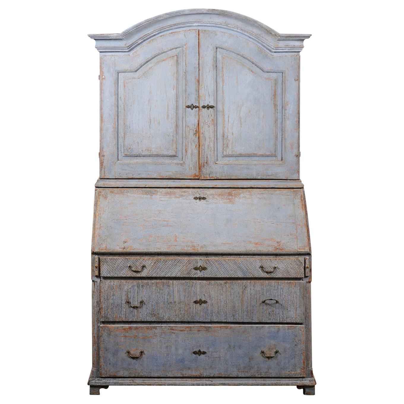 Swedish 1810s Late Gustavian Painted Two-Part Tall Secretaire with Bonnet Top