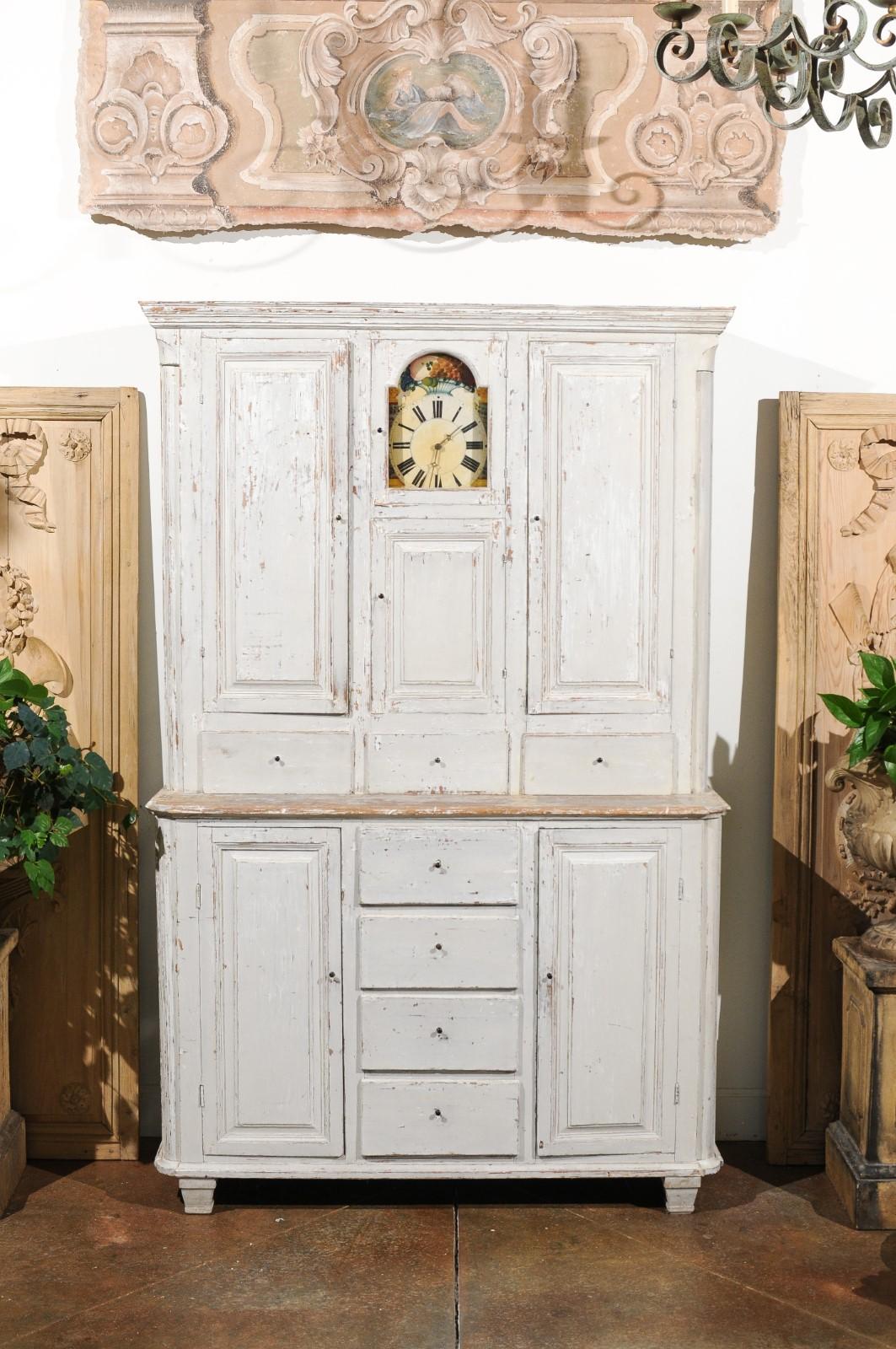 Swedish 1810s Painted Wood Clock Cupboard with Doors and Drawers For Sale 6