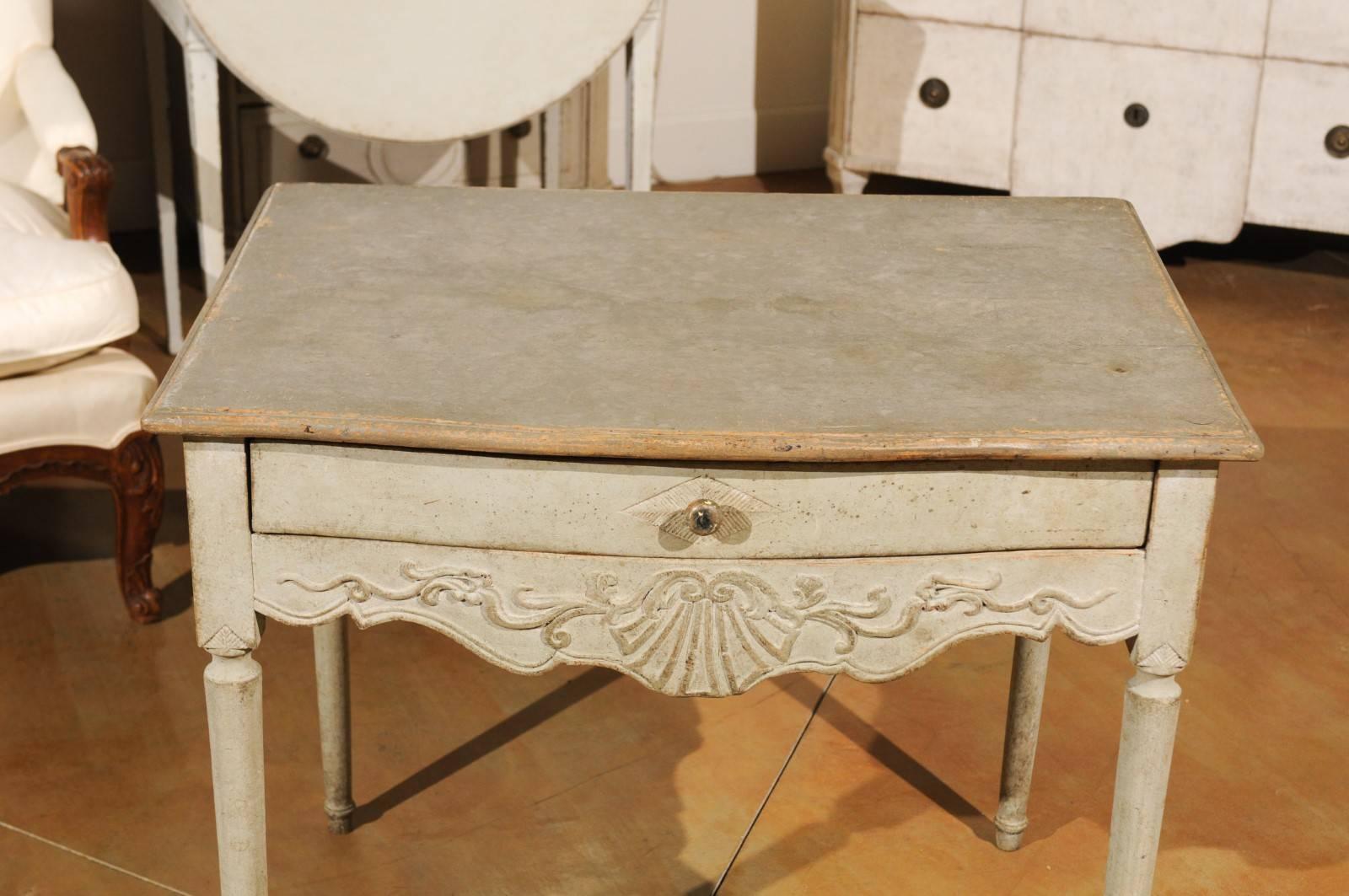 Swedish 1810s Period Gustavian Painted Side Table with Drawer and Carved Apron In Good Condition In Atlanta, GA