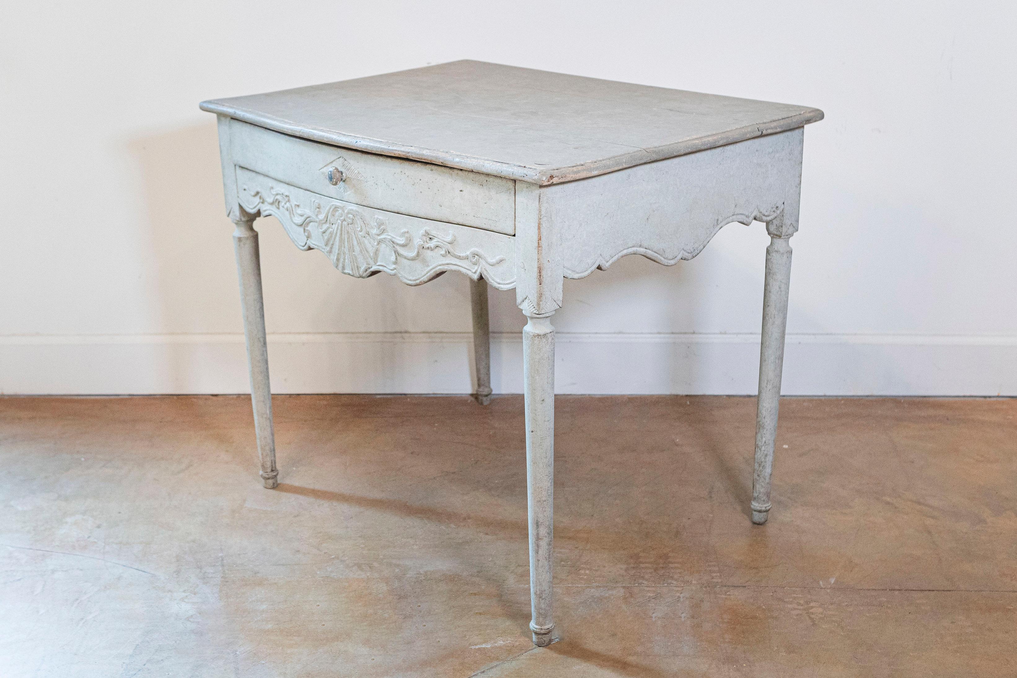 19th Century Swedish 1810s Period Gustavian Painted Side Table with Drawer and Carved Apron For Sale
