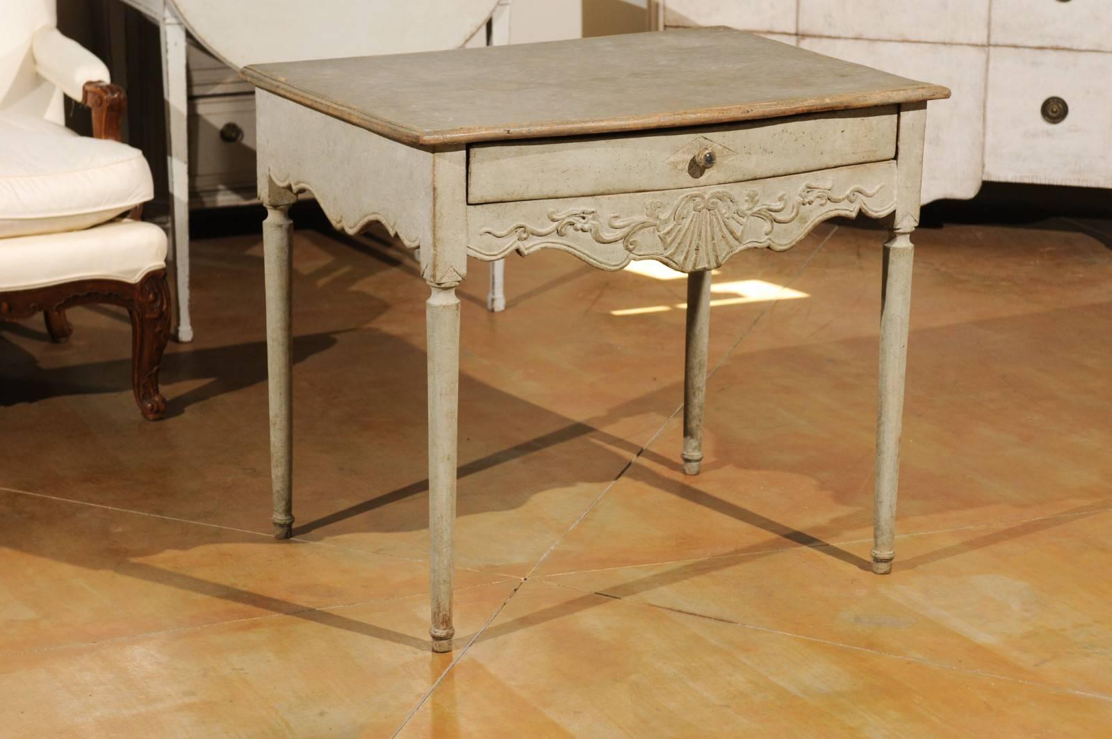 19th Century Swedish 1810s Period Gustavian Painted Side Table with Drawer and Carved Apron