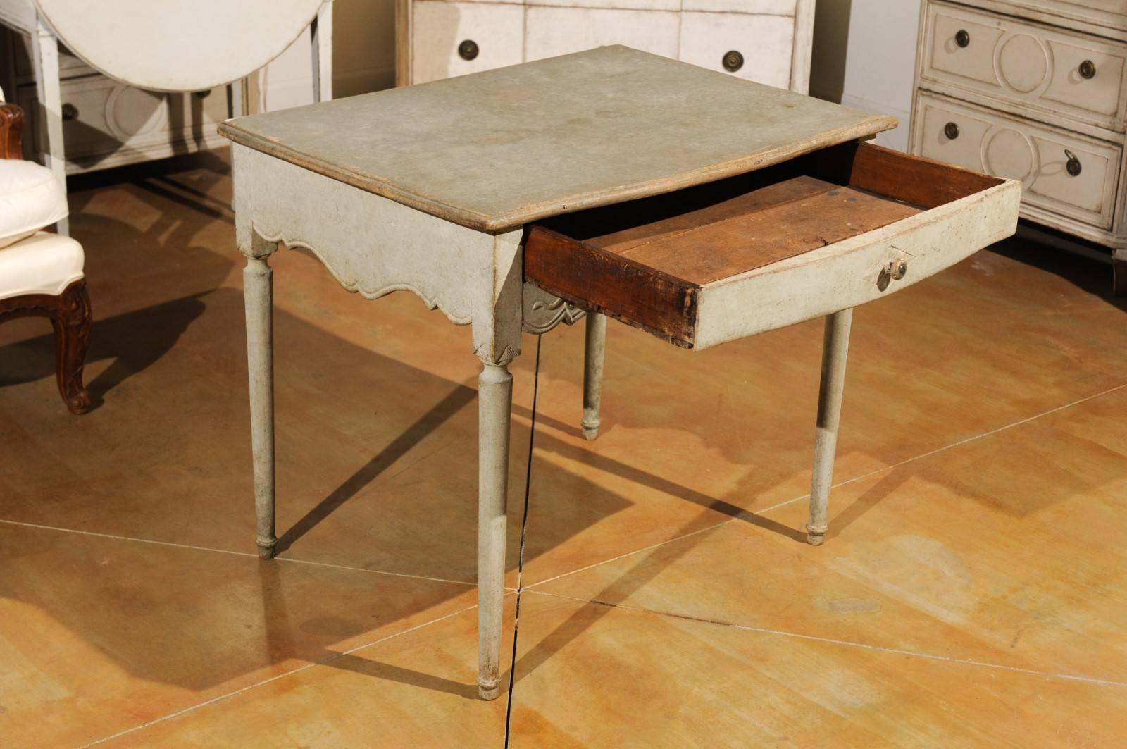 Wood Swedish 1810s Period Gustavian Painted Side Table with Drawer and Carved Apron