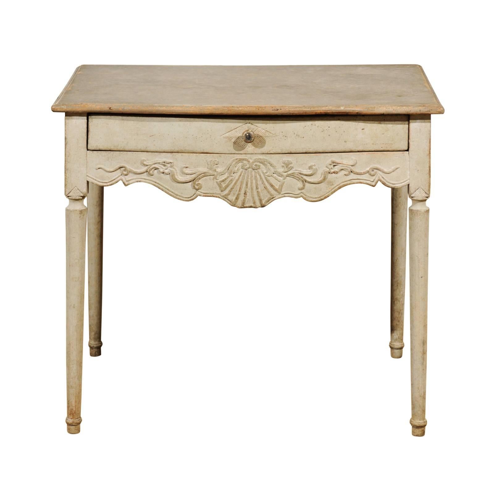 Swedish 1810s Period Gustavian Painted Side Table with Drawer and Carved Apron