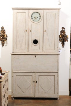 Swedish 1820s Gustavian Period Painted Clock Cupboard with Drop-Front Desk