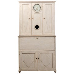 Antique Swedish 1820s Gustavian Period Painted Clock Cupboard with Drop-Front Desk