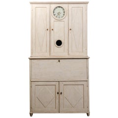 Swedish 1820s Gustavian Period Painted Clock Cupboard with Drop-Front Desk