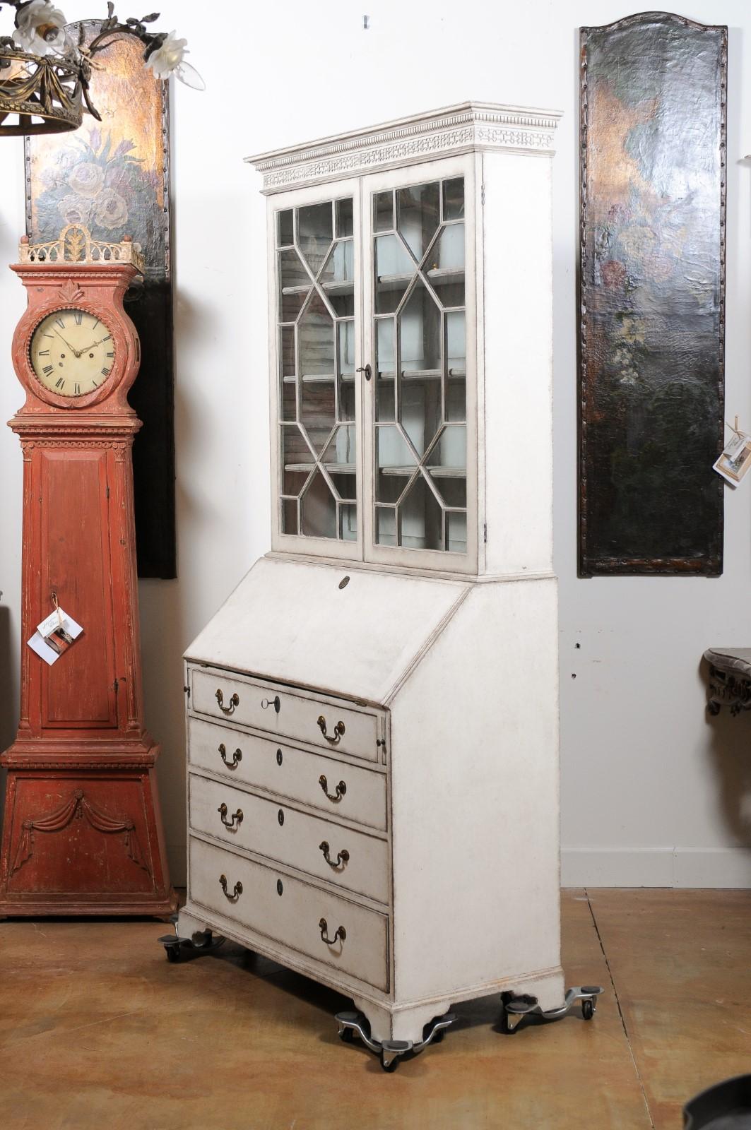 Swedish 1820s Painted Vitrine Secretaire with Slant Front Desk and Glass Doors 5