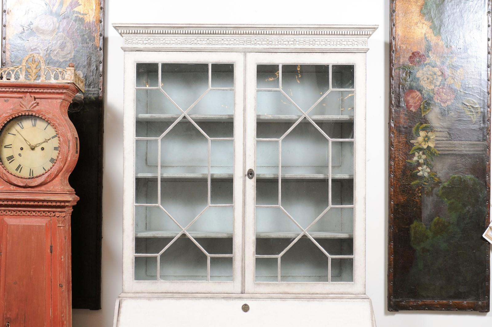 Swedish 1820s Painted Vitrine Secretaire with Slant Front Desk and Glass Doors 7