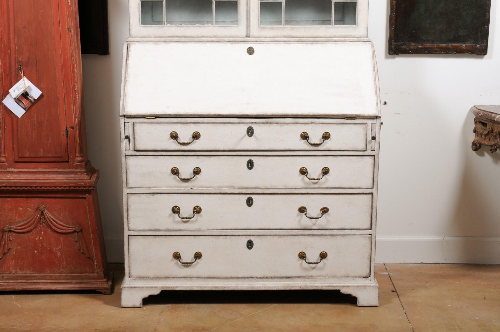 Swedish 1820s Painted Vitrine Secretaire with Slant Front Desk and Glass Doors 8