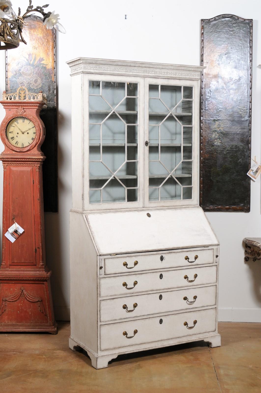 Swedish 1820s Painted Vitrine Secretaire with Slant Front Desk and Glass Doors 10