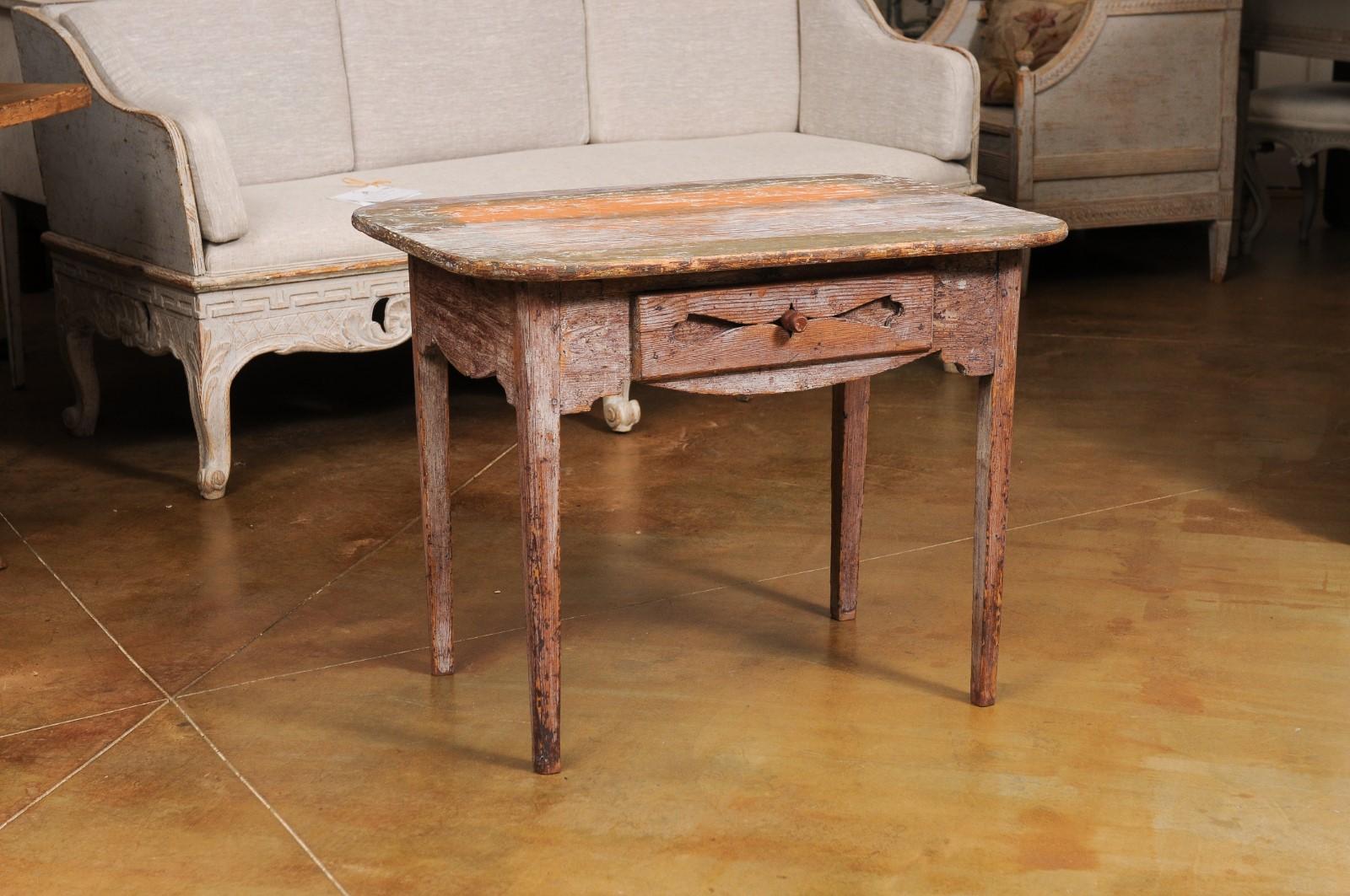 Swedish 1820s Side Table with Carved Drawer and Tapered Legs In Good Condition In Atlanta, GA
