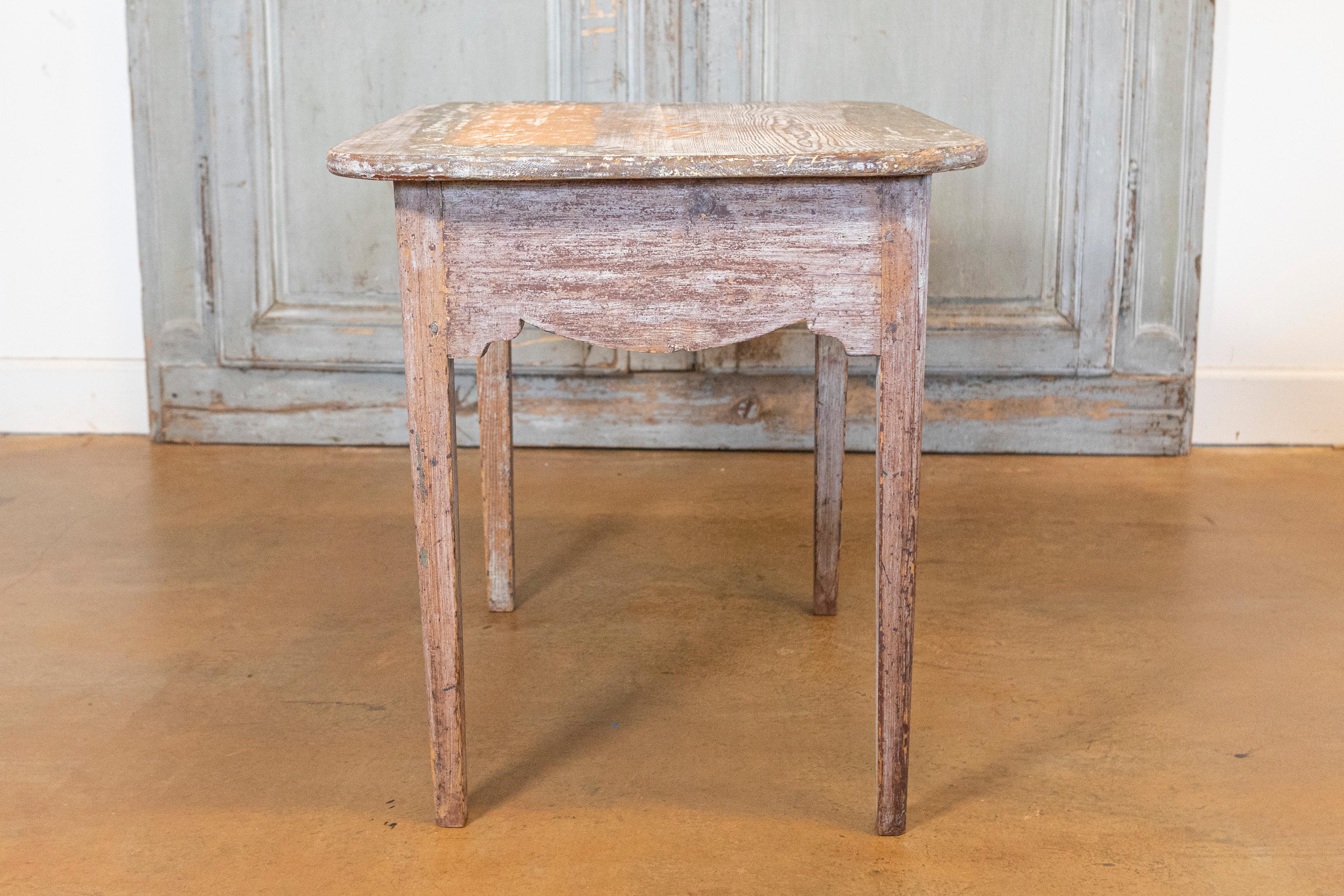 Wood Swedish 1820s Side Table with Carved Drawer and Tapered Legs For Sale