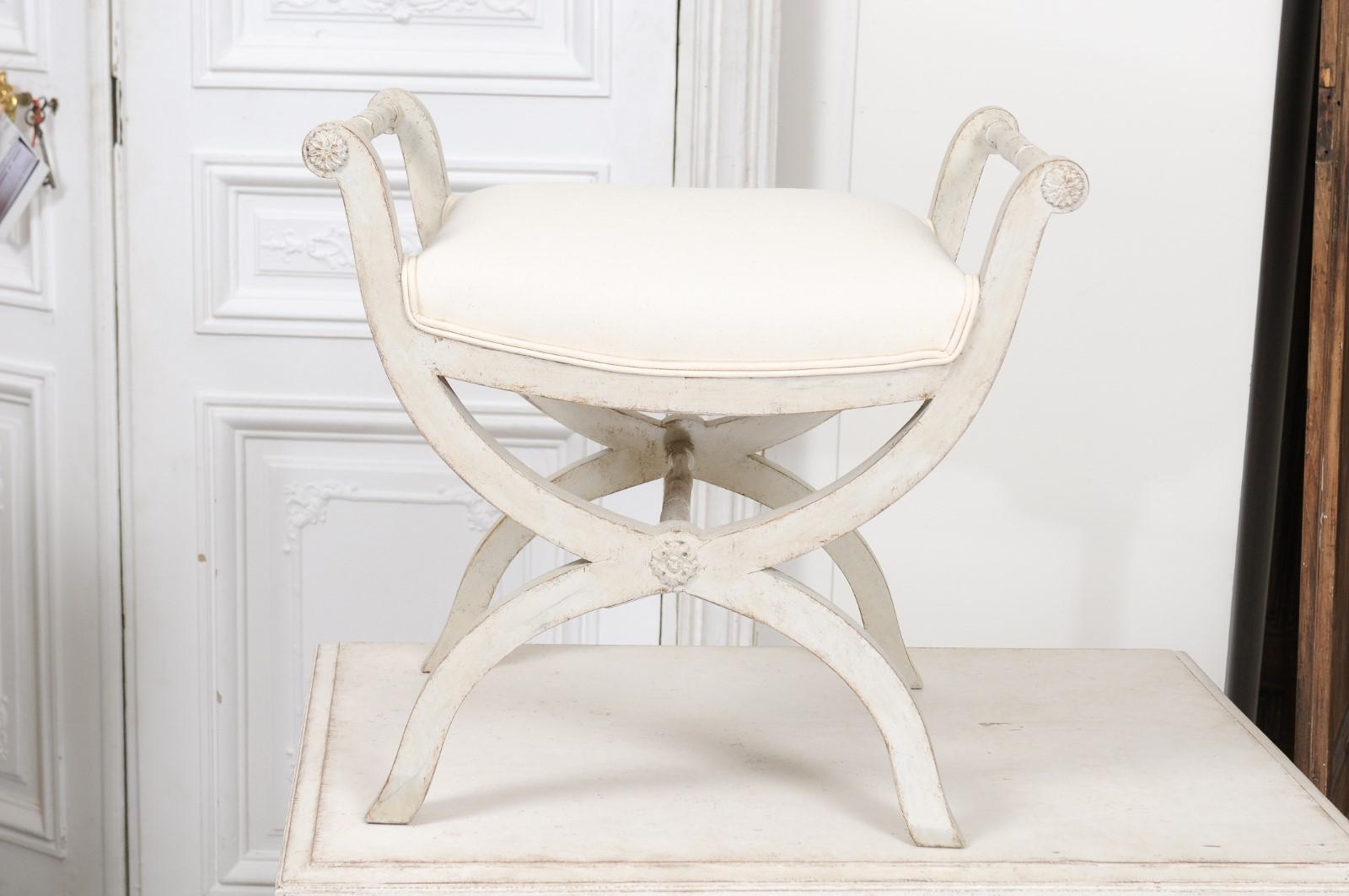 Swedish 1830s Empire Style Painted and Upholstered Stool with Spindle Arms For Sale 4