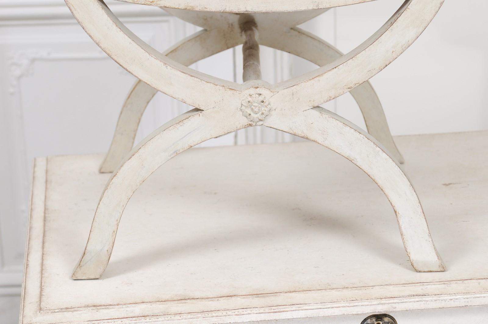 Swedish 1830s Empire Style Painted and Upholstered Stool with Spindle Arms For Sale 5