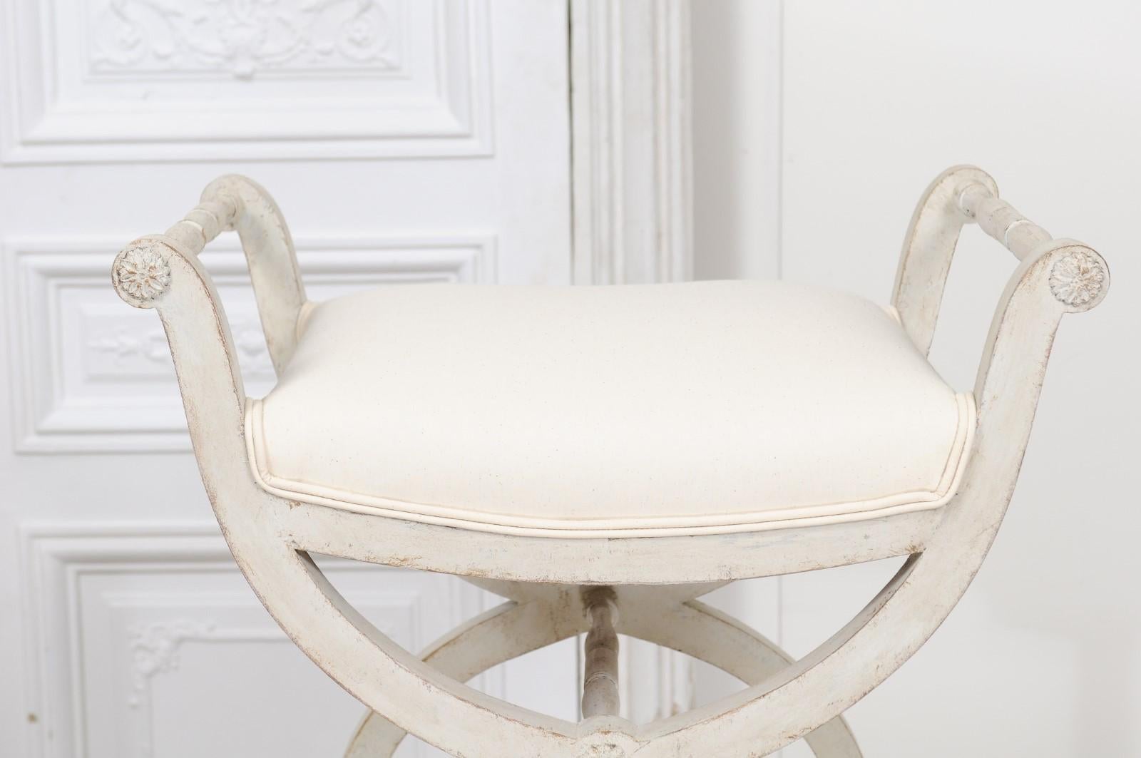 Swedish 1830s Empire Style Painted and Upholstered Stool with Spindle Arms 6