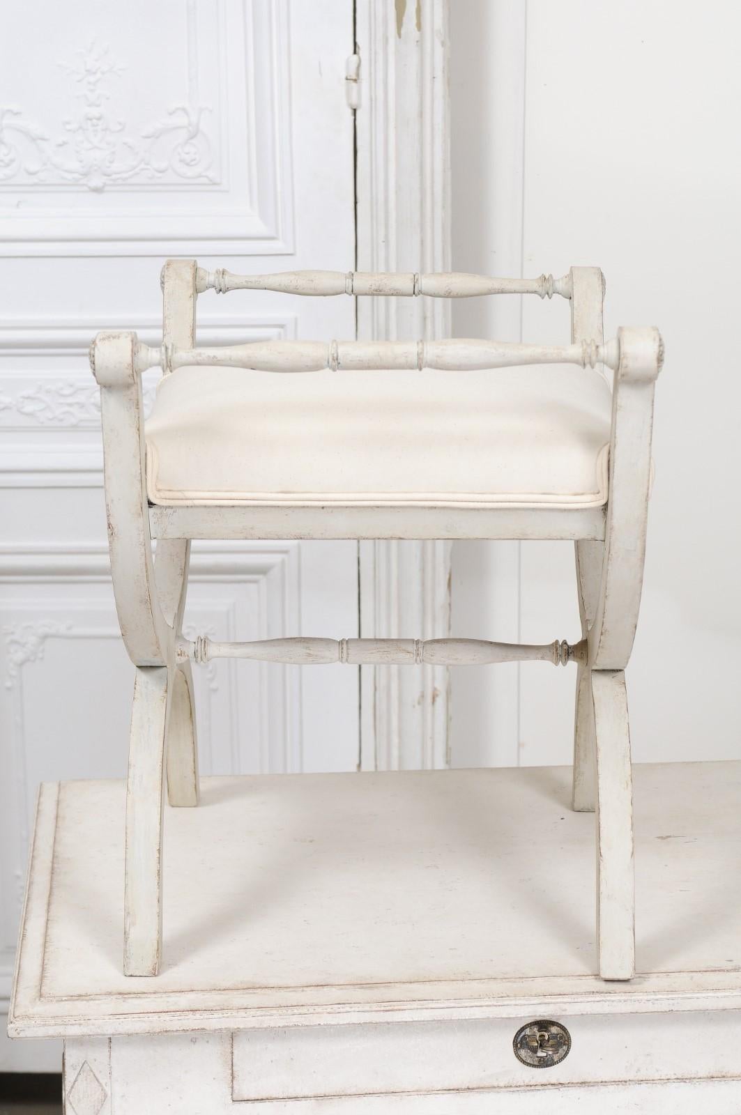 Swedish 1830s Empire Style Painted and Upholstered Stool with Spindle Arms For Sale 8