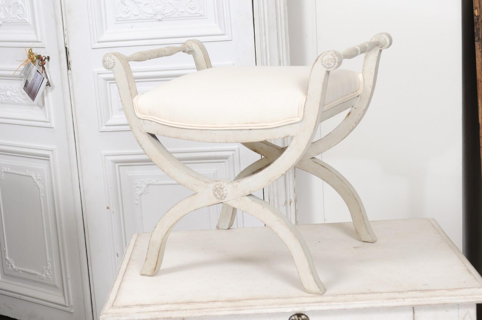 Swedish 1830s Empire Style Painted and Upholstered Stool with Spindle Arms For Sale 9