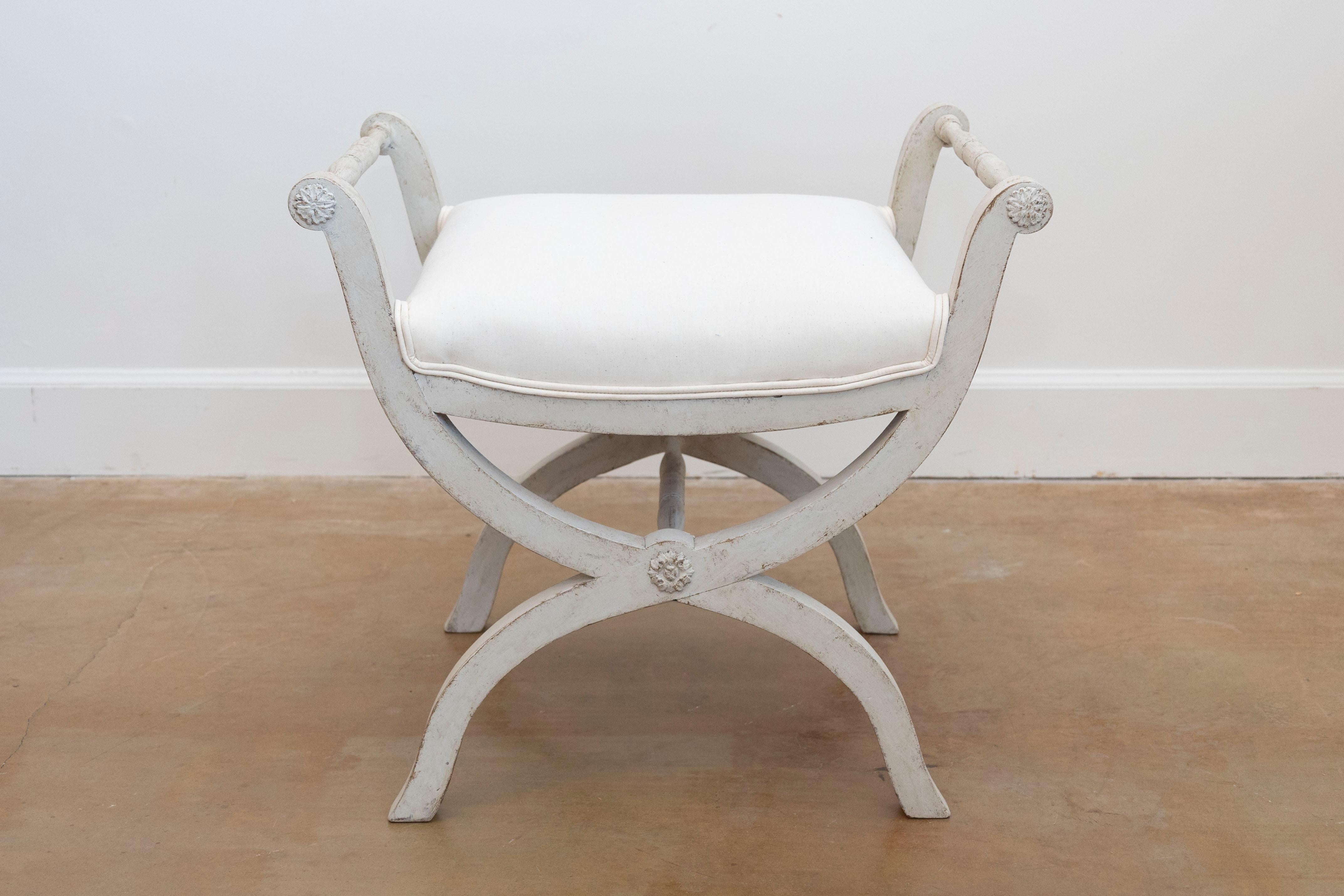 Carved Swedish 1830s Empire Style Painted and Upholstered Stool with Spindle Arms
