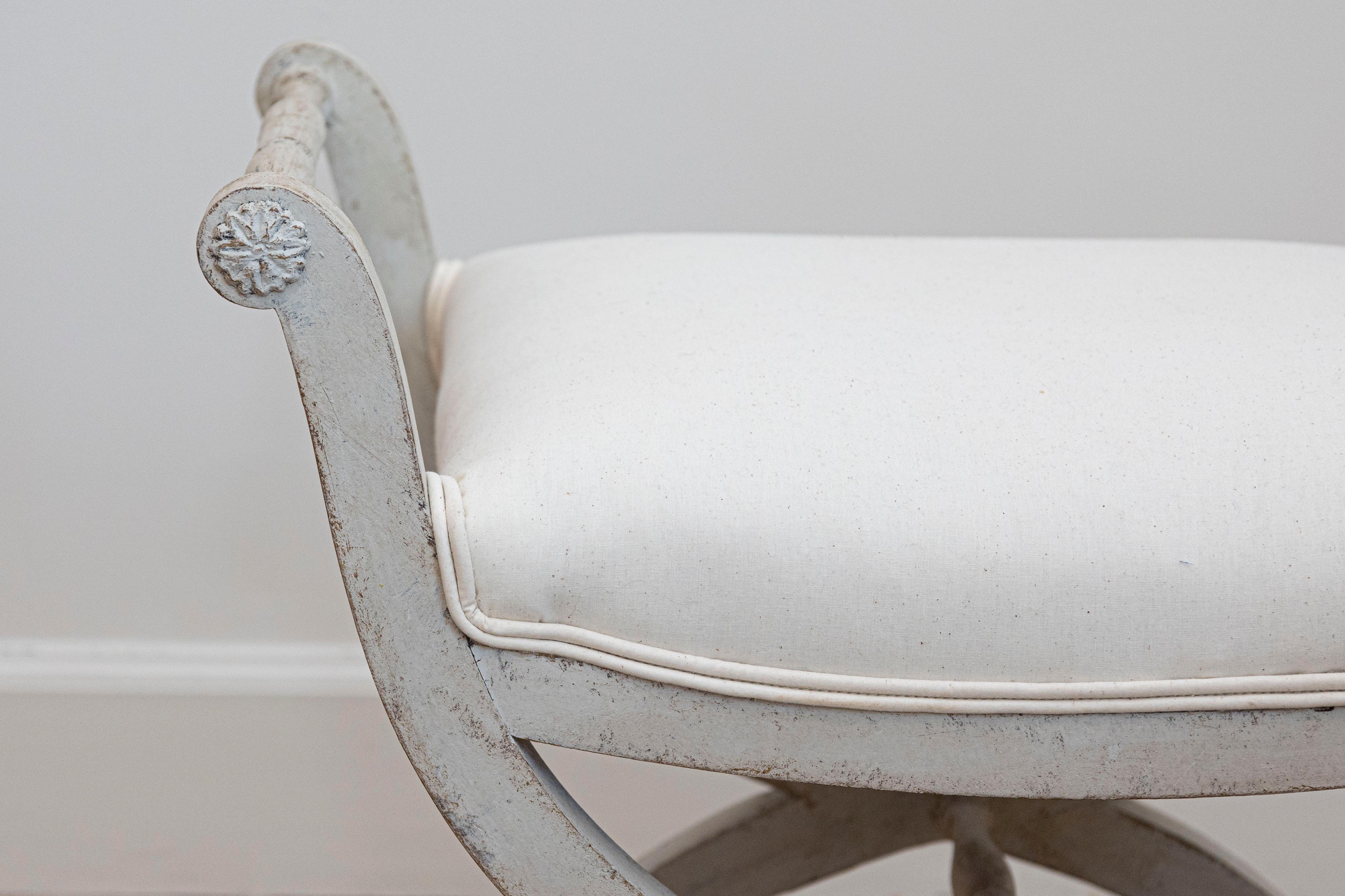 Swedish 1830s Empire Style Painted and Upholstered Stool with Spindle Arms In Good Condition In Atlanta, GA