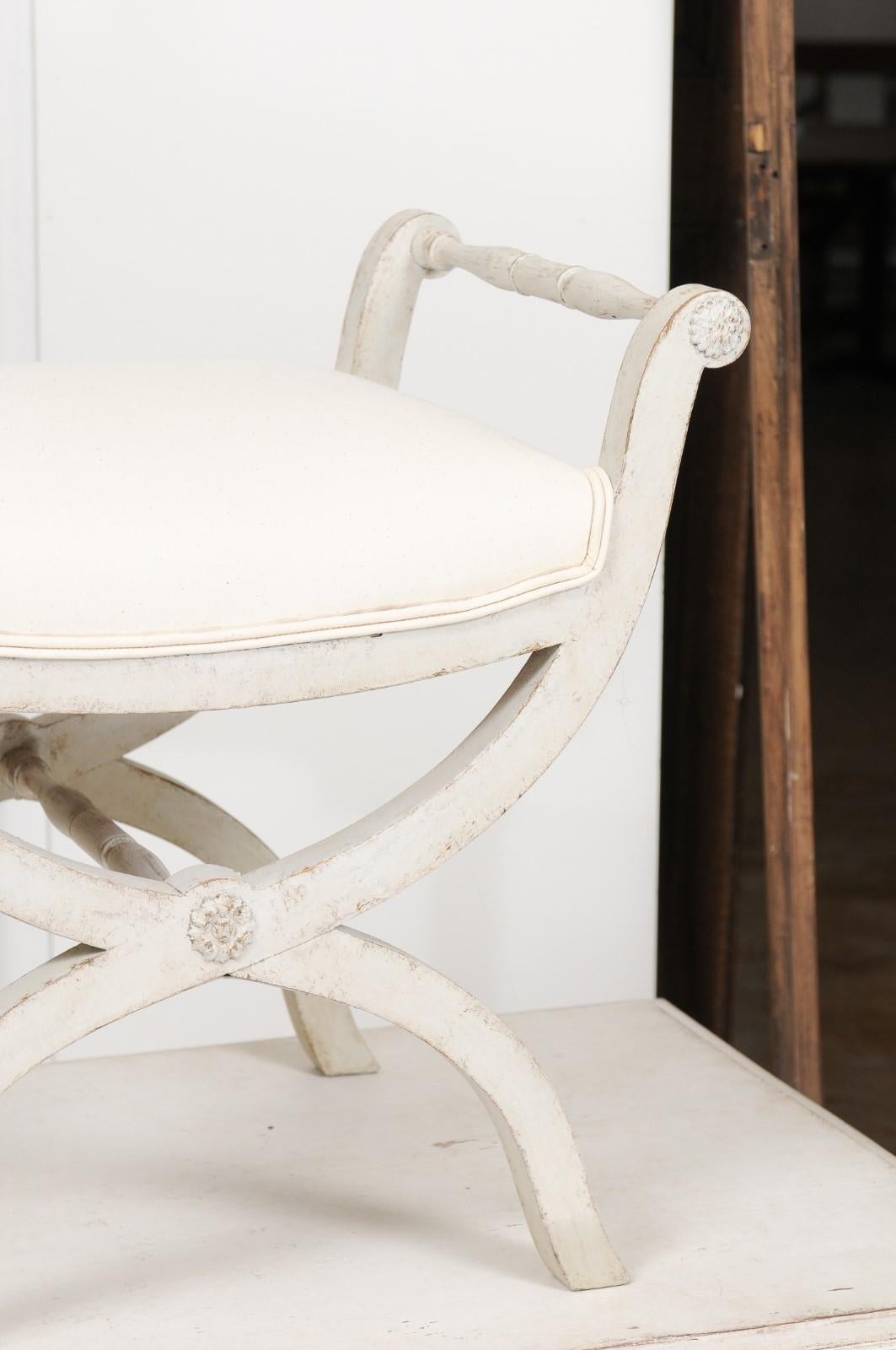 19th Century Swedish 1830s Empire Style Painted and Upholstered Stool with Spindle Arms