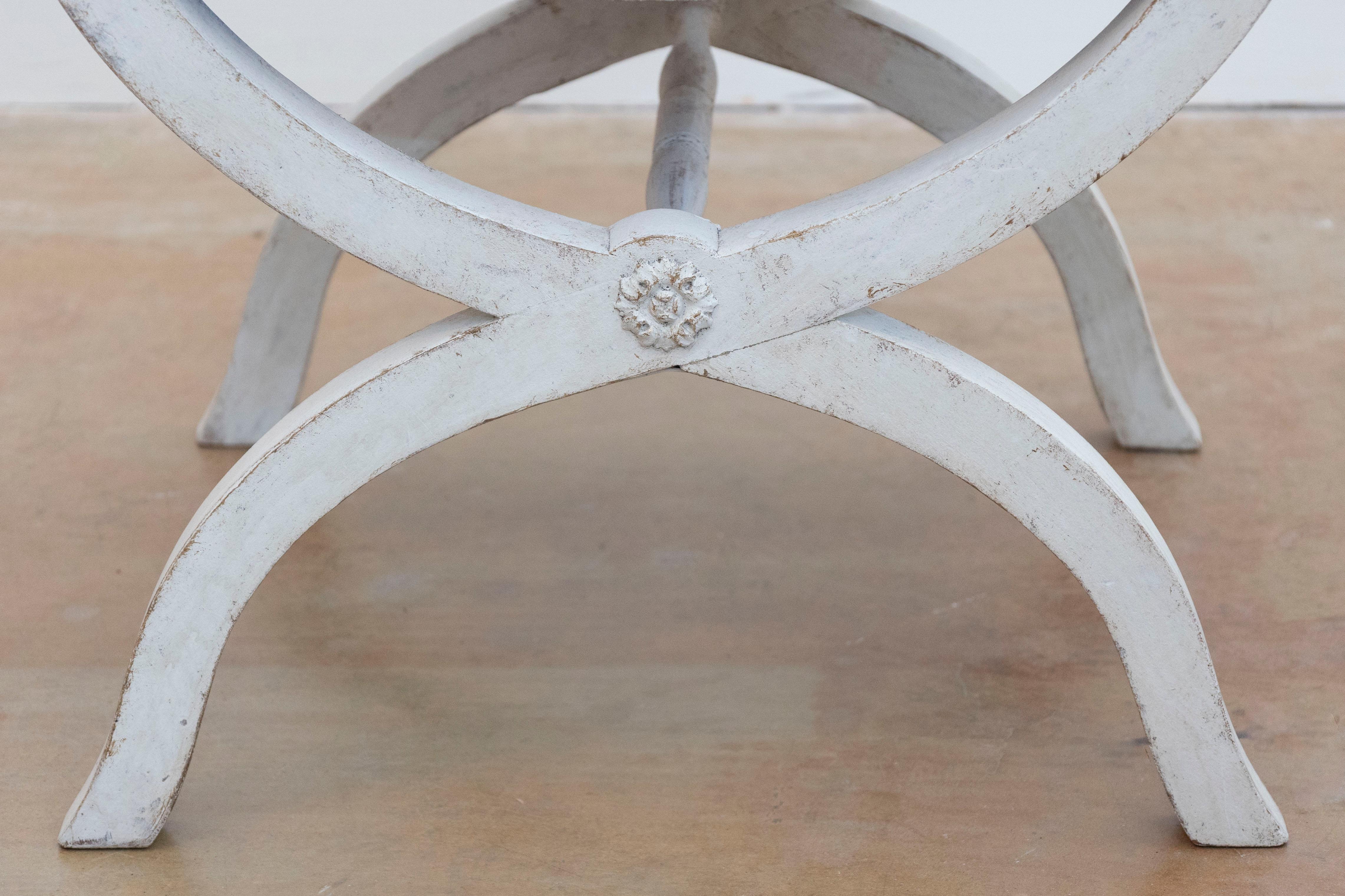 19th Century Swedish 1830s Empire Style Painted and Upholstered Stool with Spindle Arms