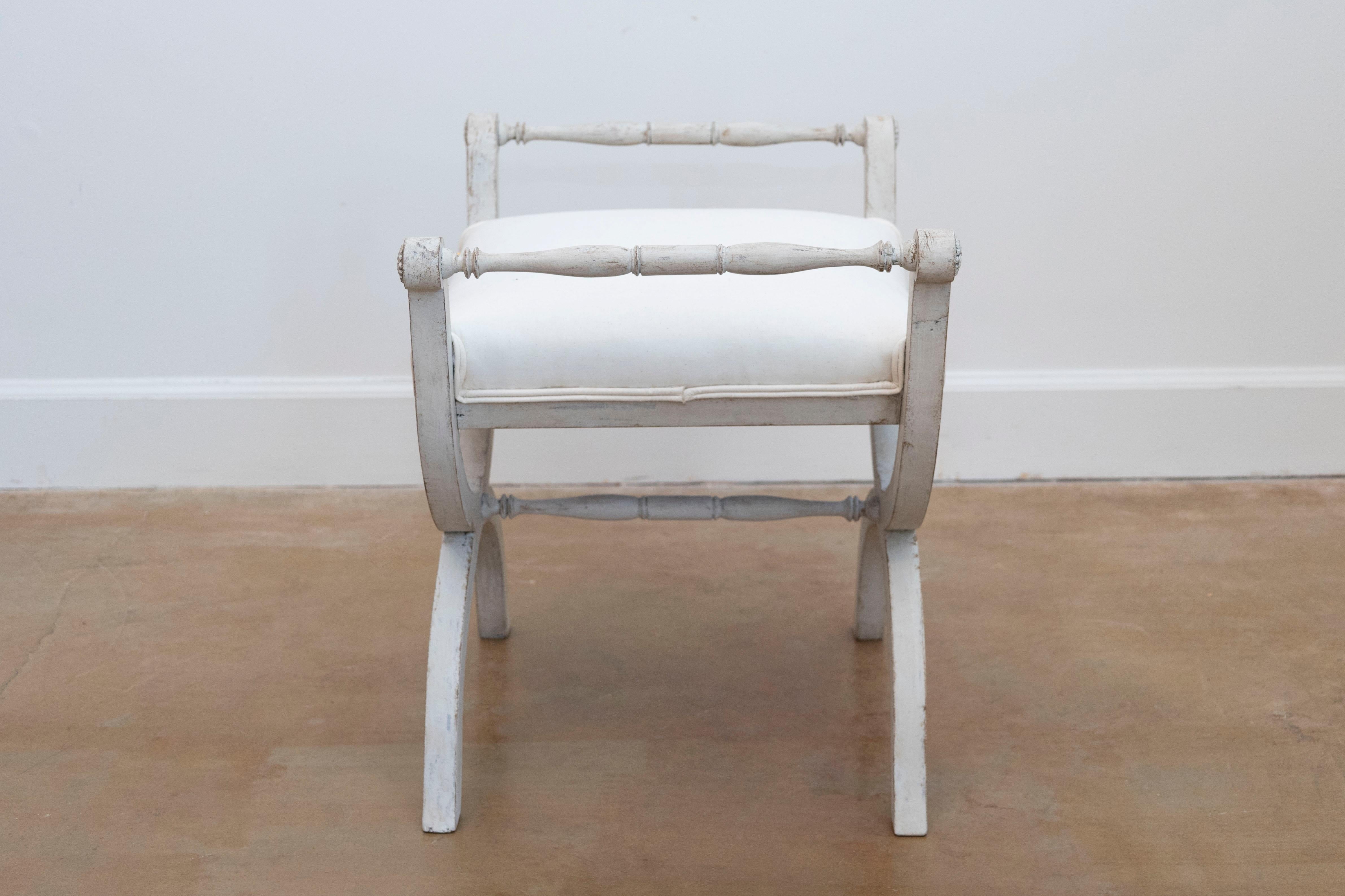 Upholstery Swedish 1830s Empire Style Painted and Upholstered Stool with Spindle Arms