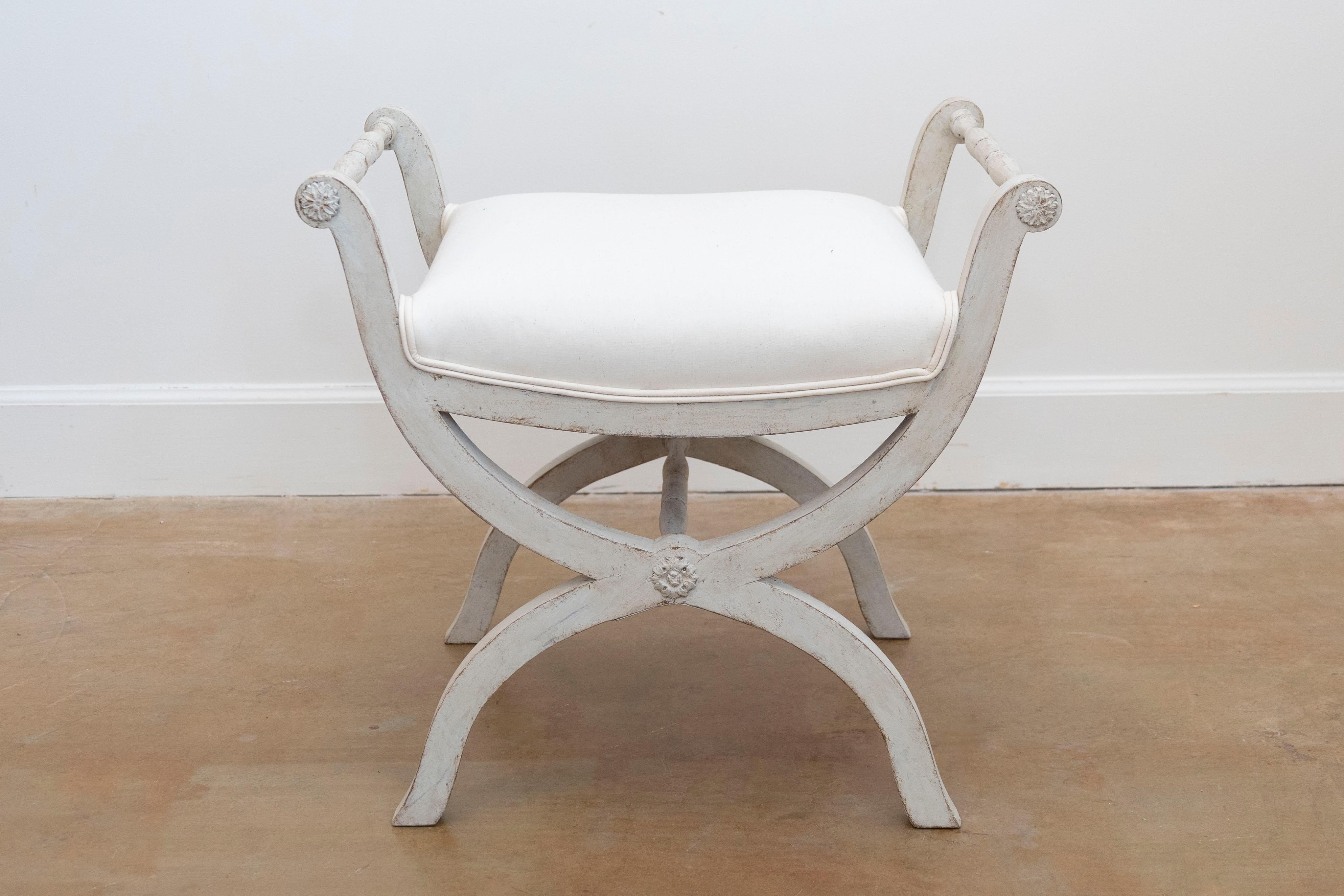 Swedish 1830s Empire Style Painted and Upholstered Stool with Spindle Arms 1