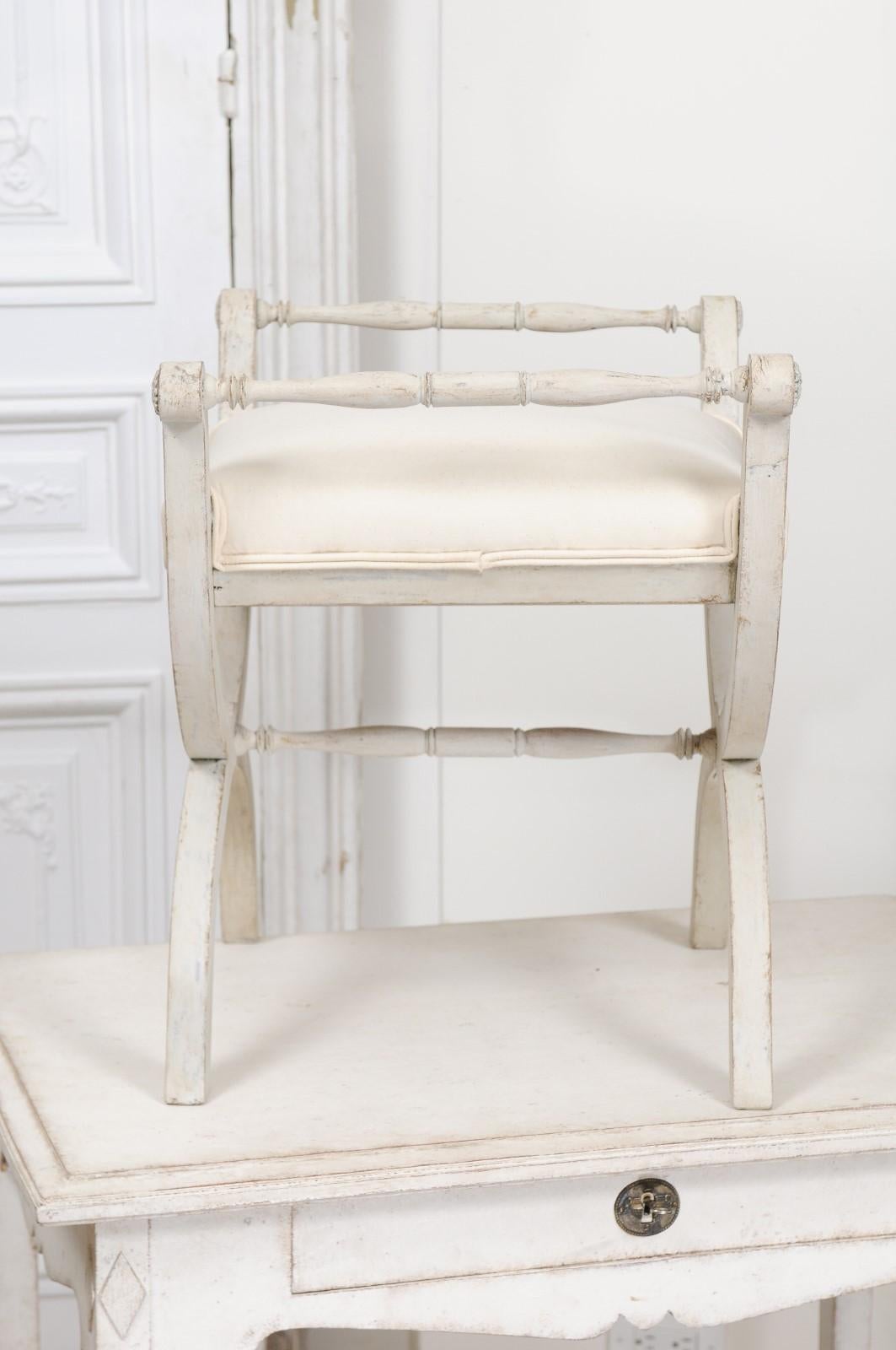 Swedish 1830s Empire Style Painted and Upholstered Stool with Spindle Arms For Sale 2