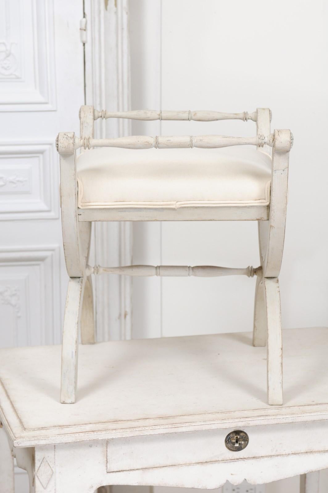 Swedish 1830s Empire Style Painted and Upholstered Stool with Spindle Arms 2