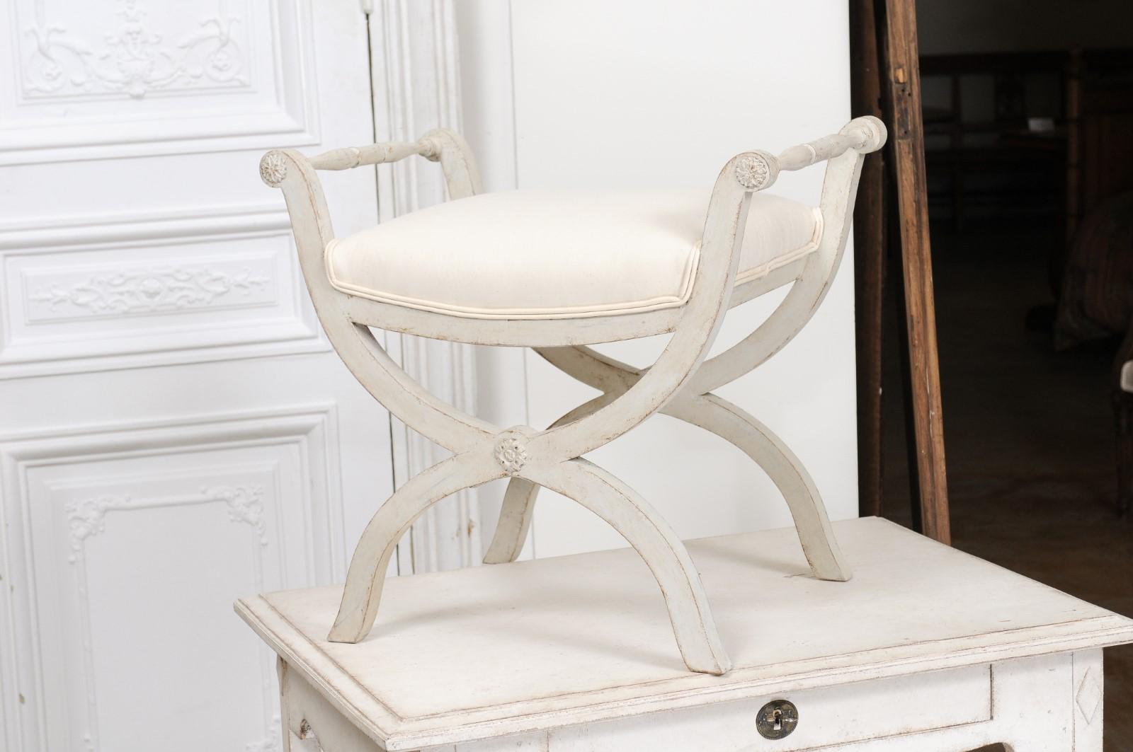 Swedish 1830s Empire Style Painted and Upholstered Stool with Spindle Arms For Sale 3