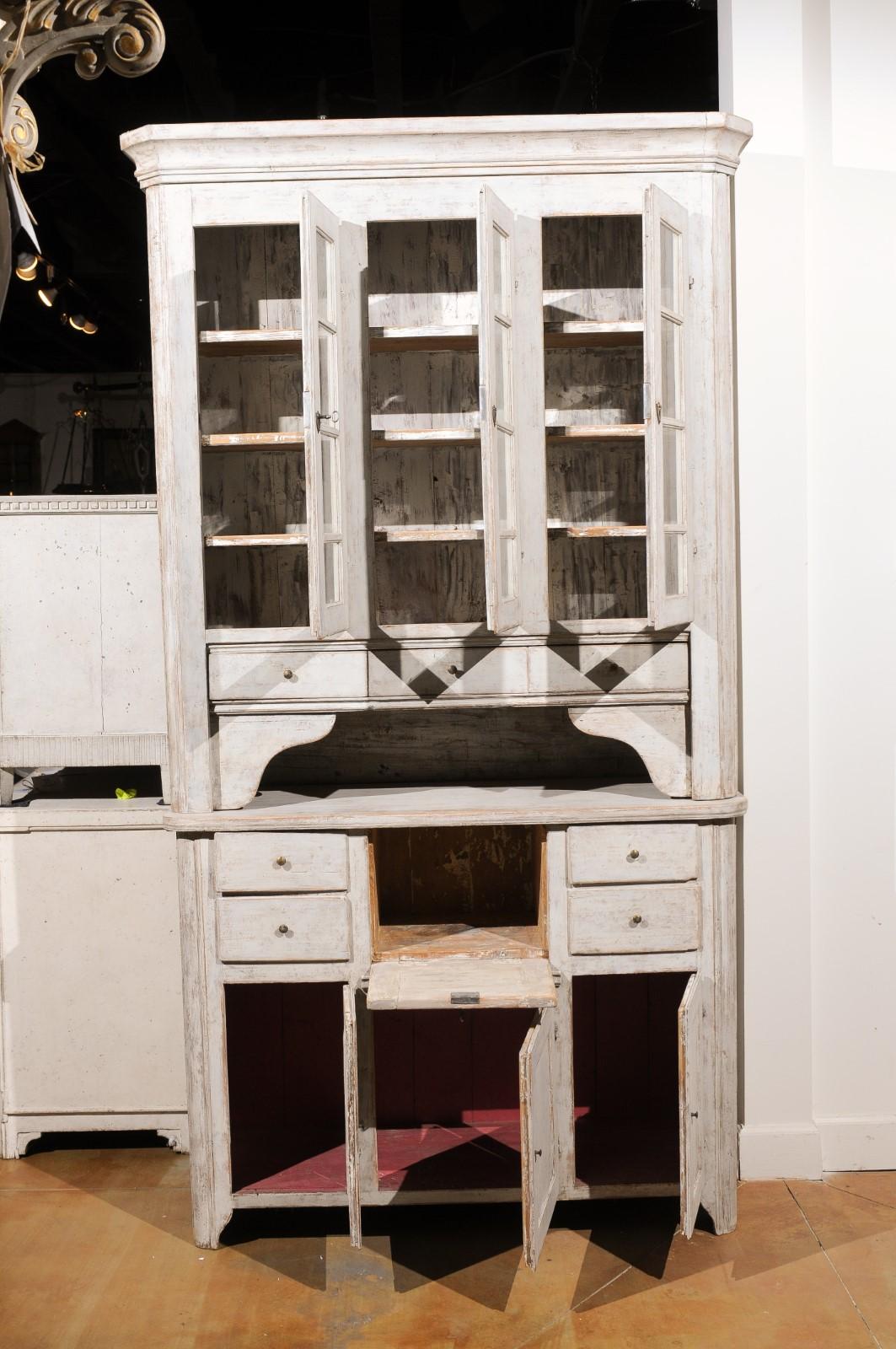 Swedish 1830s Painted Wood Vitrine Cabinet with Glass Doors and Drawers For Sale 2