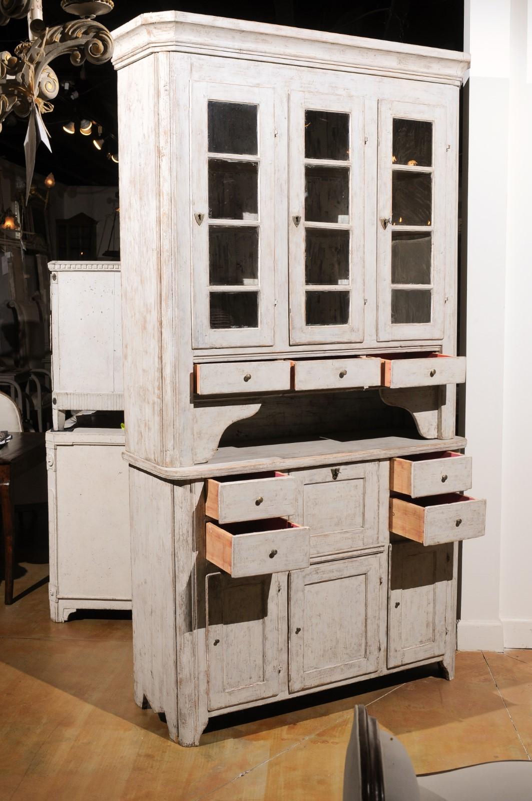 Swedish 1830s Painted Wood Vitrine Cabinet with Glass Doors and Drawers For Sale 4