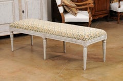 Swedish 1840s Neoclassical Style Painted Bench with Carved Motifs and Upholstery