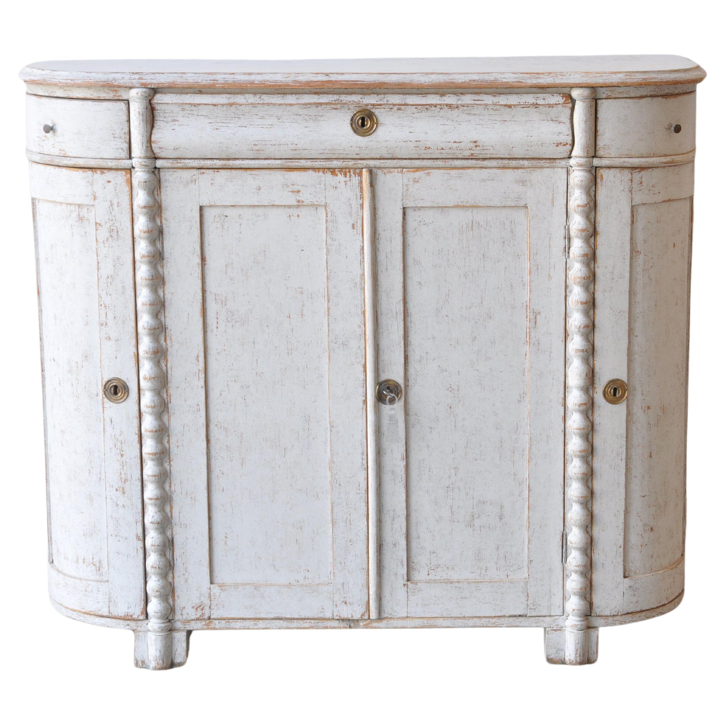 Swedish 1850s Distressed Light Gray Painted Sideboard with Rounded Corners