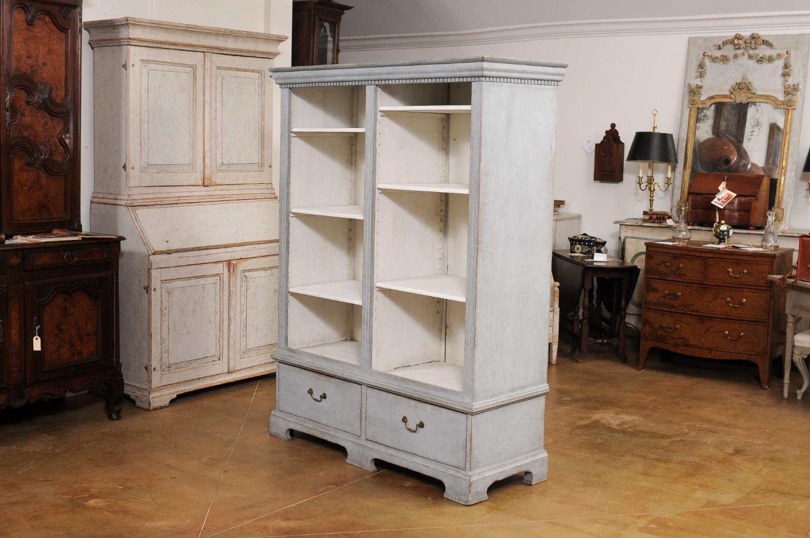  Swedish 1850s Gray Painted Bookcase with Open Shelves and Two Drawers For Sale 7