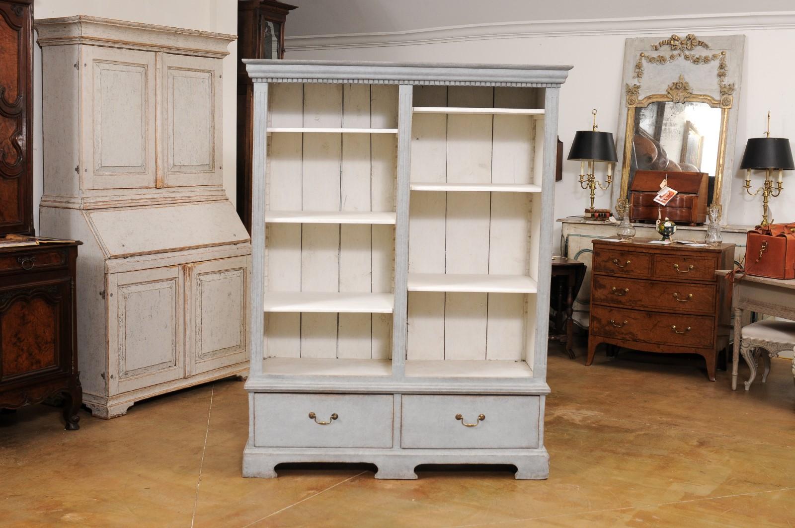  Swedish 1850s Gray Painted Bookcase with Open Shelves and Two Drawers For Sale 8