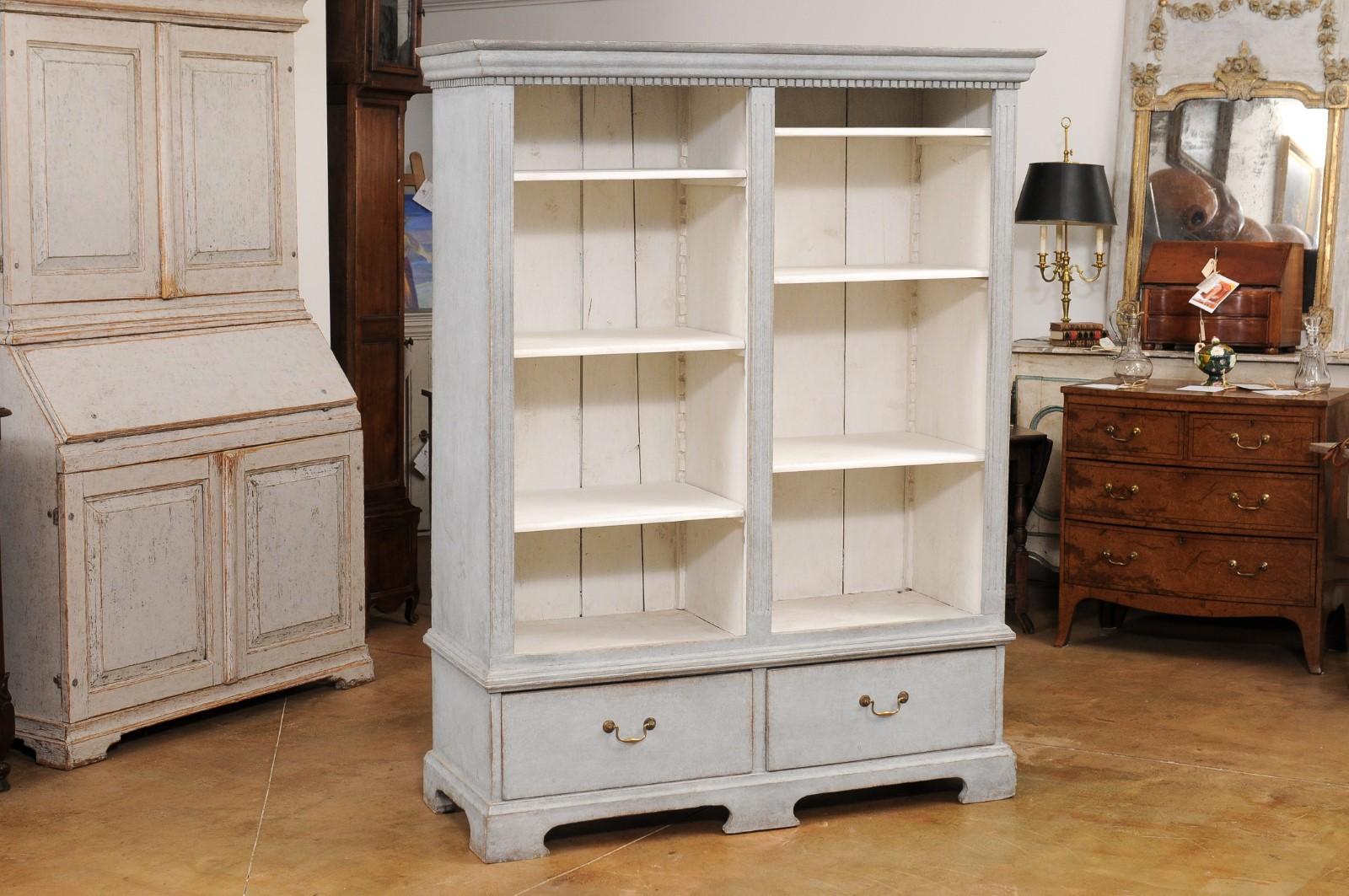 Carved  Swedish 1850s Gray Painted Bookcase with Open Shelves and Two Drawers For Sale