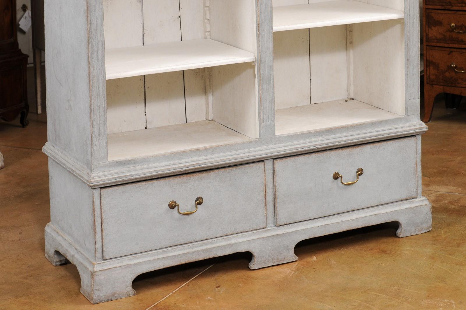  Swedish 1850s Gray Painted Bookcase with Open Shelves and Two Drawers In Good Condition For Sale In Atlanta, GA