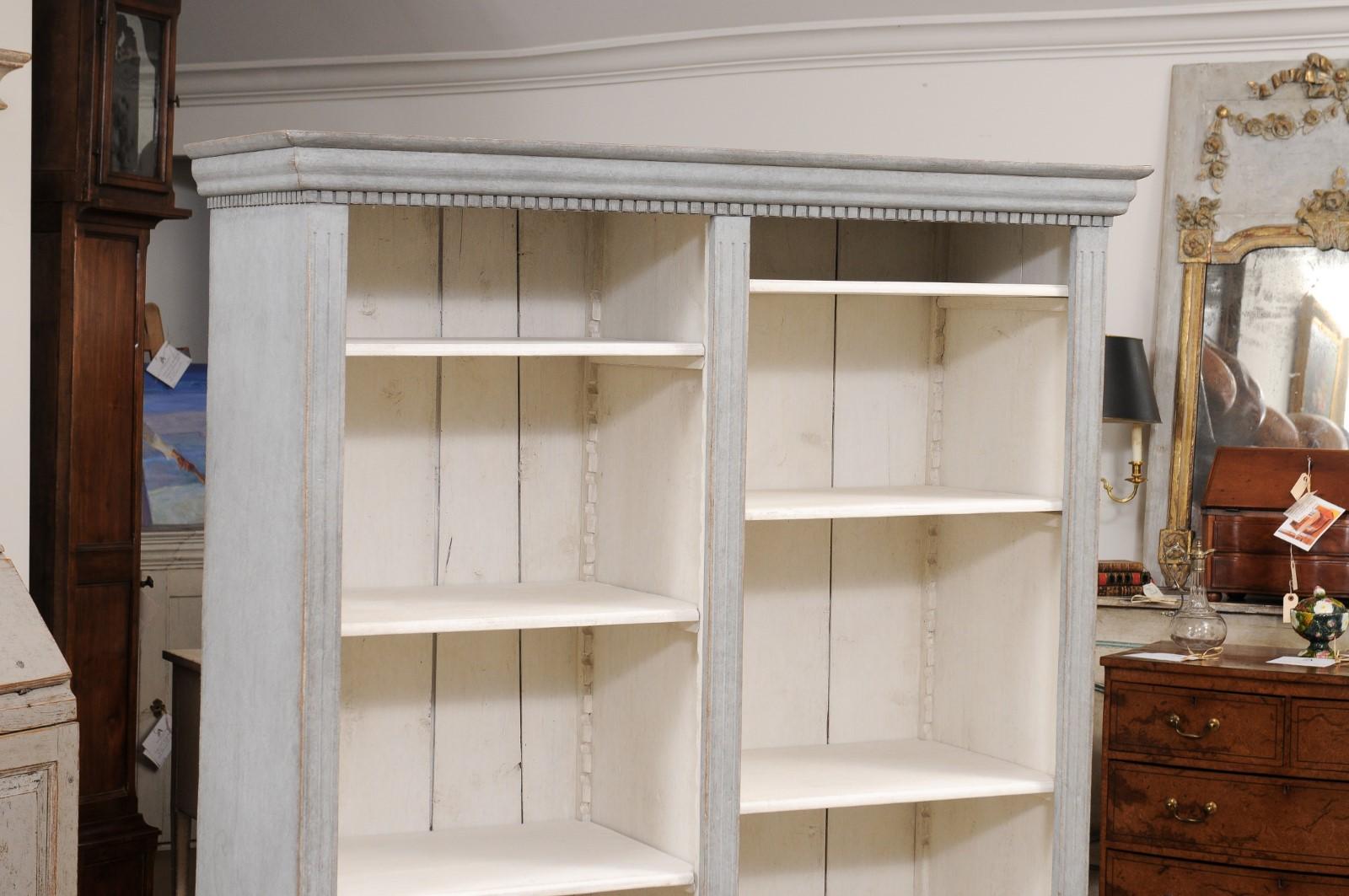 19th Century  Swedish 1850s Gray Painted Bookcase with Open Shelves and Two Drawers For Sale