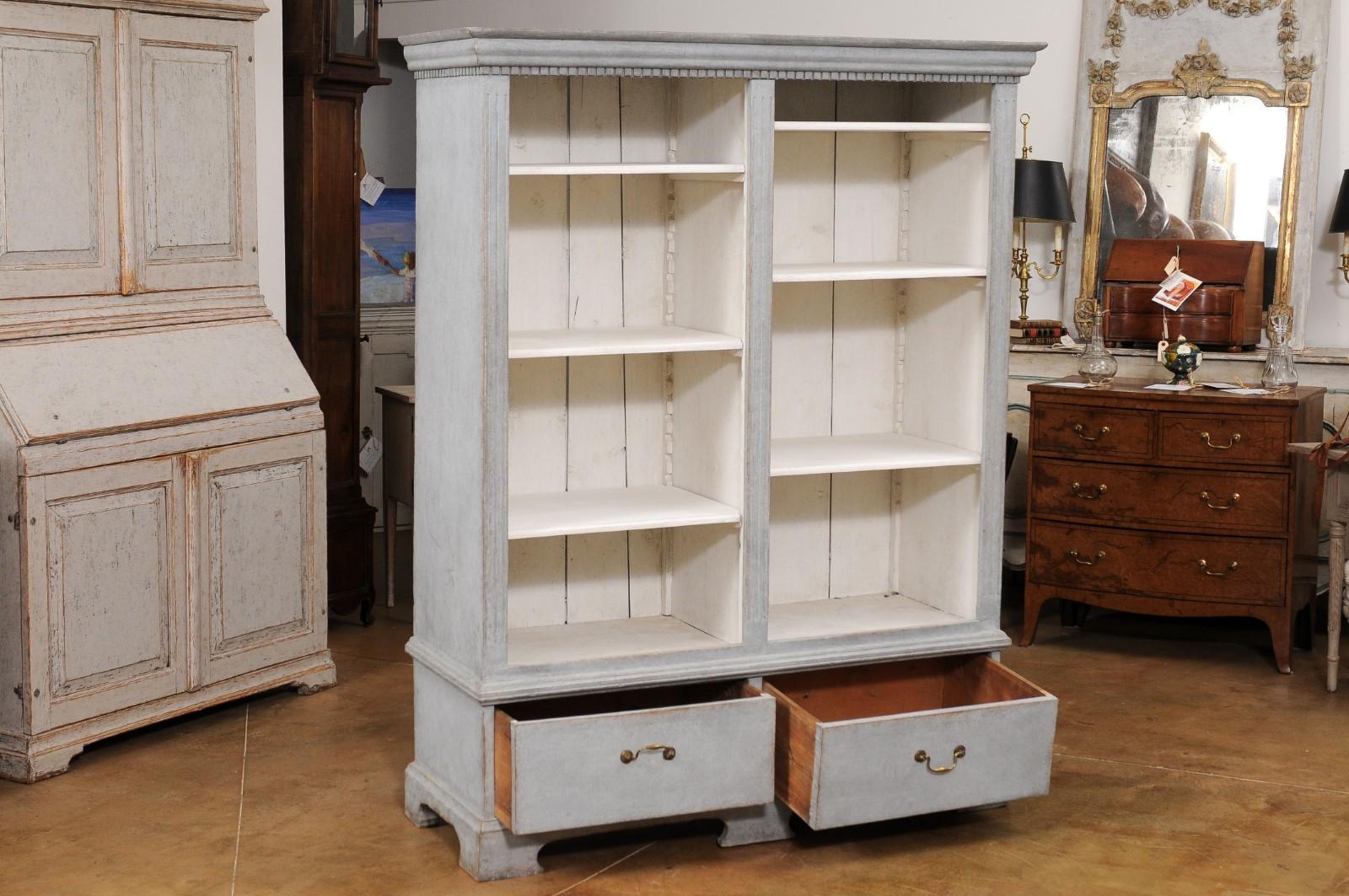 Wood  Swedish 1850s Gray Painted Bookcase with Open Shelves and Two Drawers For Sale