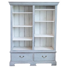Antique Swedish 1850s Gray Painted Bookcase with Open Shelves and Two Drawers