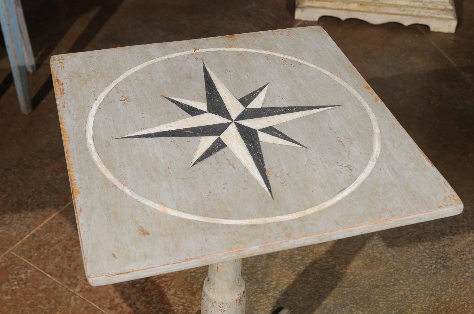 Swedish 1850s Grey Painted Guéridon Pedestal Side Table with Wind Rose Motif For Sale 4