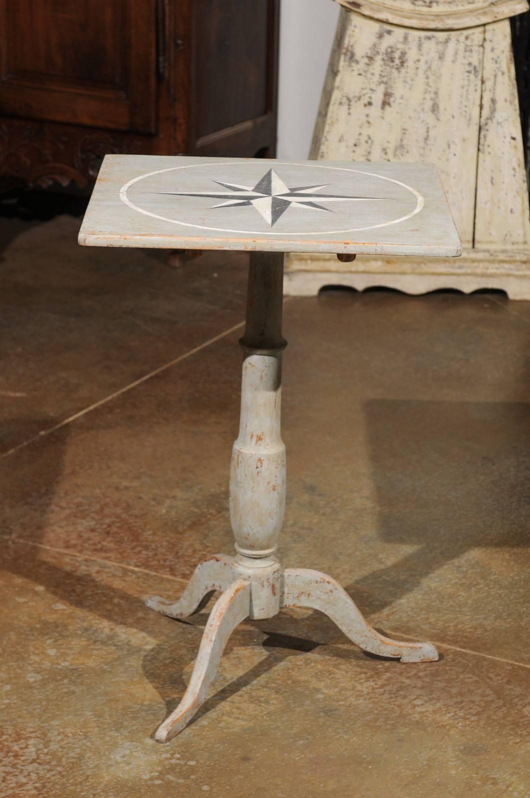 Wood Swedish 1850s Grey Painted Guéridon Pedestal Side Table with Wind Rose Motif For Sale