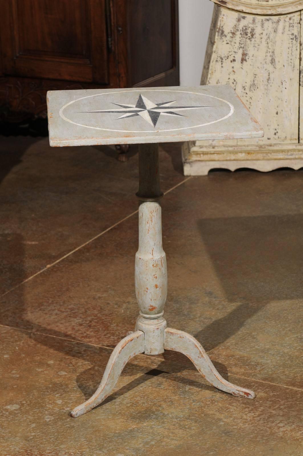 Swedish 1850s Grey Painted Guéridon Pedestal Side Table with Wind Rose Motif For Sale 1