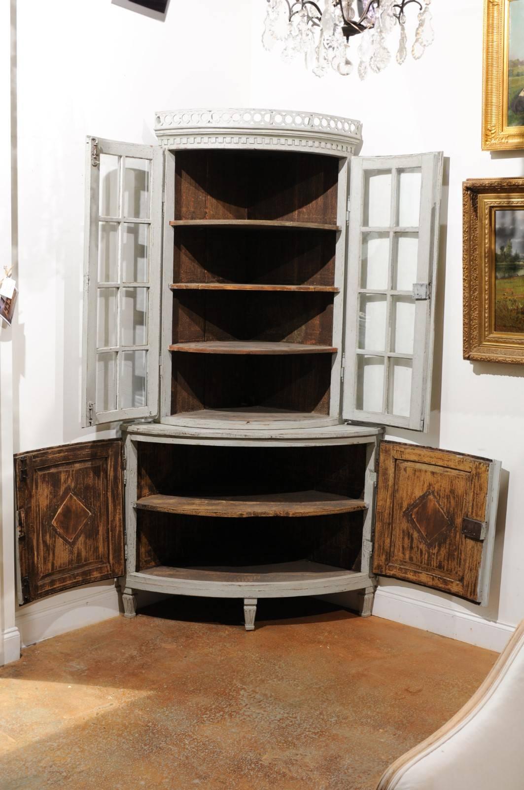 Wood Swedish 1850s Gustavian Style Corner Cabinet with Glass Doors and Diamond Motifs