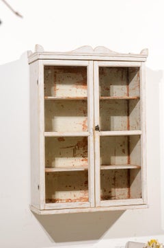 Swedish 1850s Light Grey Painted Wall Cabinet with Glass Doors and Distressing