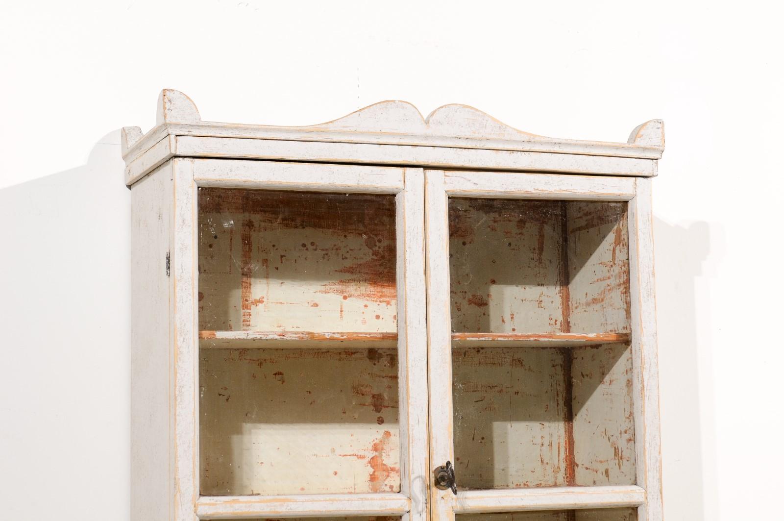 Carved Swedish 1850s Light Grey Painted Wall Cabinet with Glass Doors and Distressing